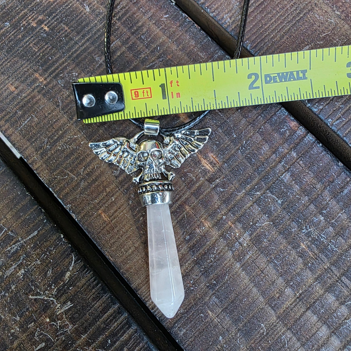 Rose Quartz Metal Winged Skull Necklace - Unisex Gemstone Crystal Pendant - Whimsical Gothic Style Jewelry