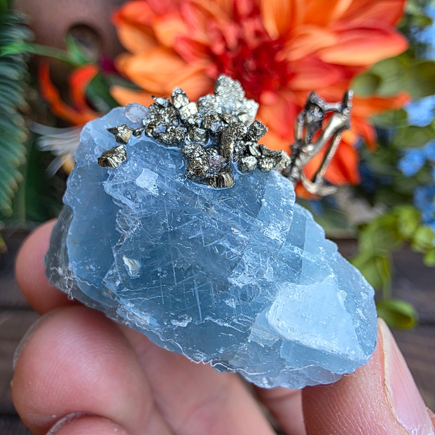 Pewter Miner Pyrite Blue Calcite Rock Specimen | Geology Gift, Rockhound Collector Item