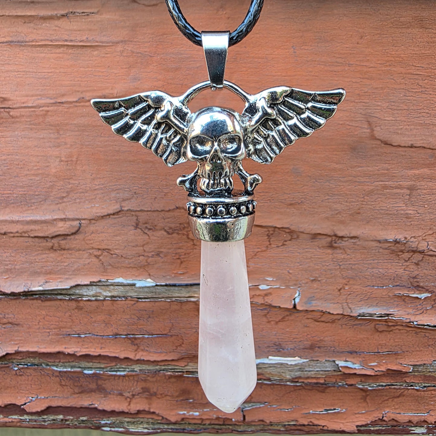 Rose Quartz Metal Winged Skull Necklace - Unisex Gemstone Crystal Pendant - Whimsical Gothic Style Jewelry