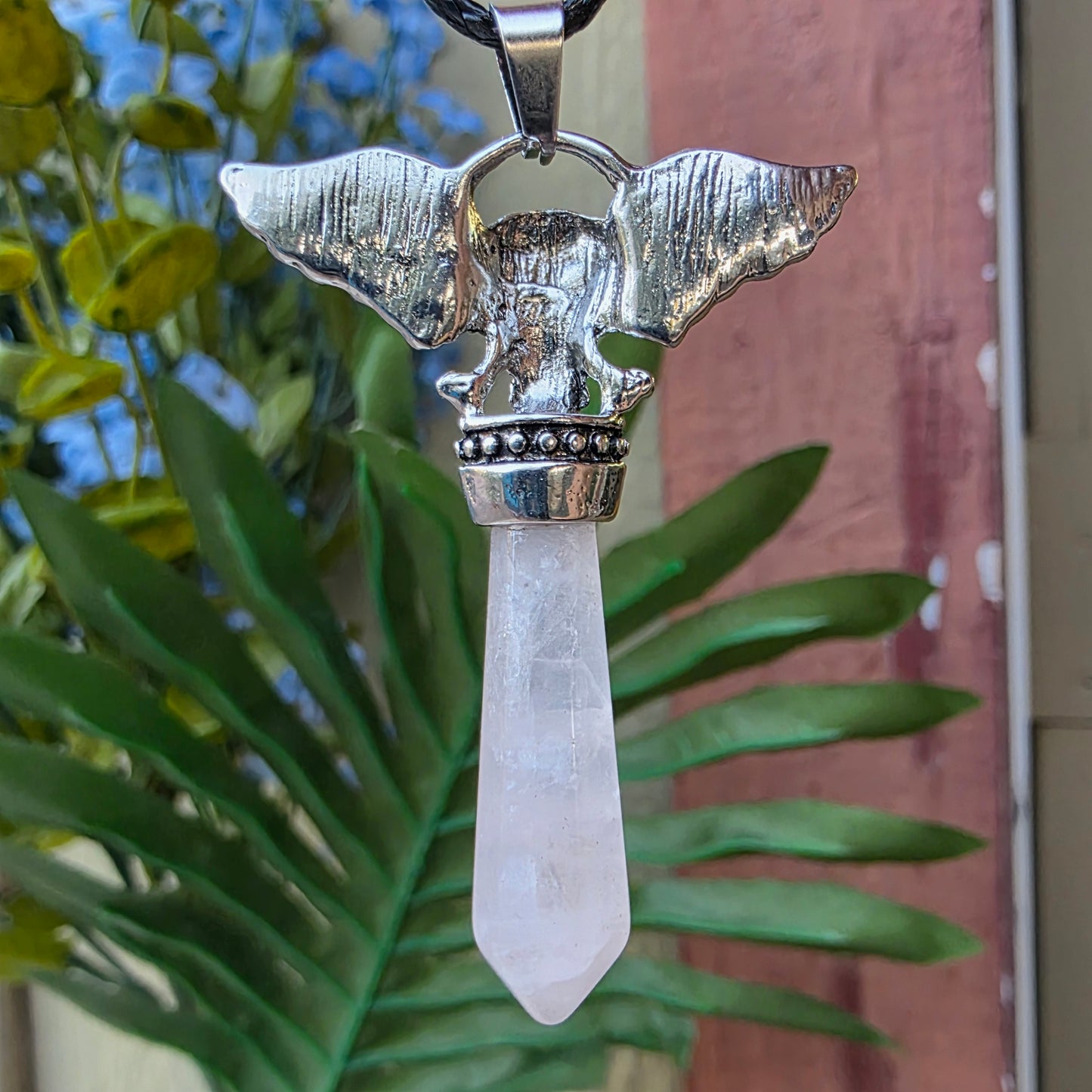 Rose Quartz Metal Winged Skull Necklace - Unisex Gemstone Crystal Pendant - Whimsical Gothic Style Jewelry