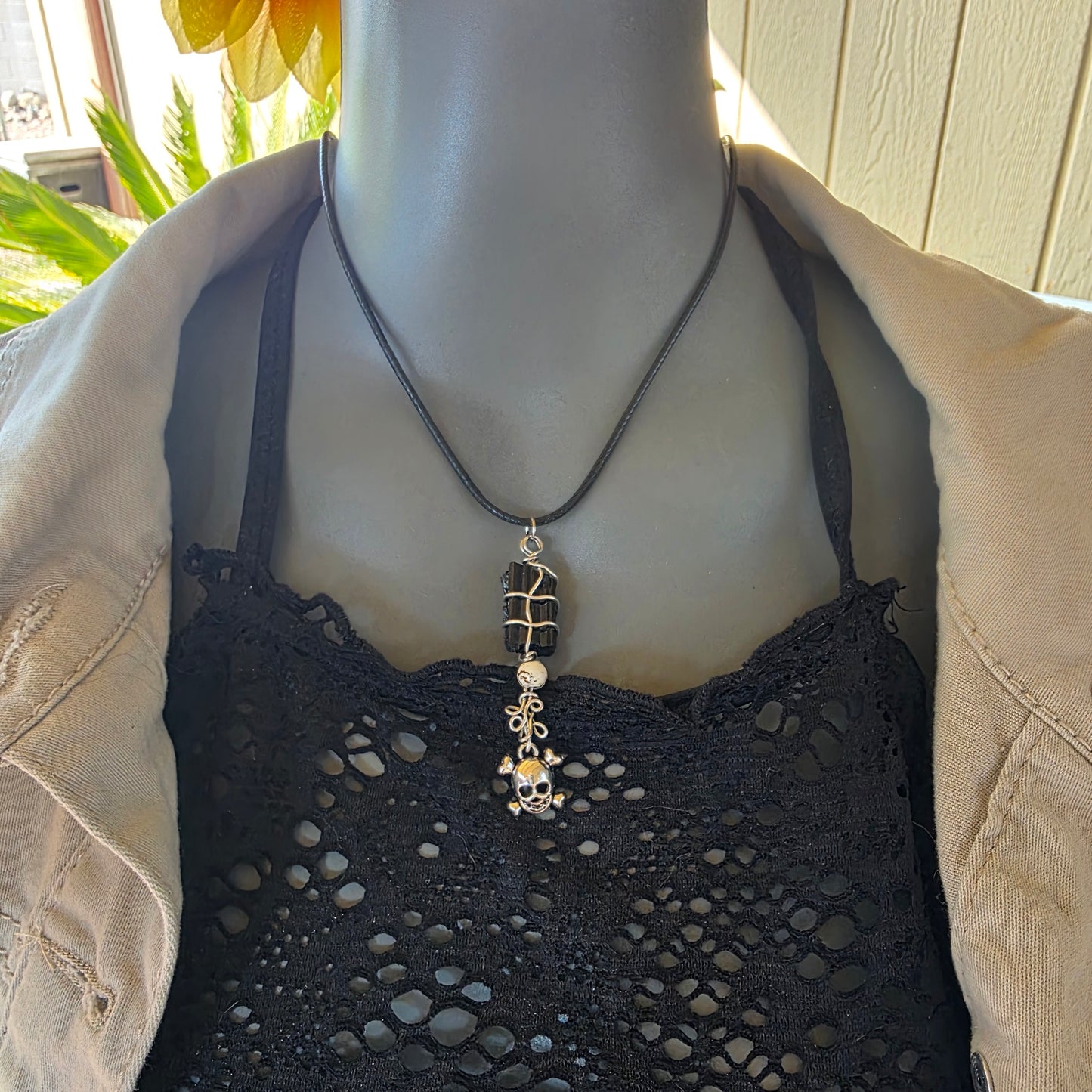 Raw Black Tourmaline Necklace with Skull Charm: Wire Wrapped Schorl Goth Emo Pendant
